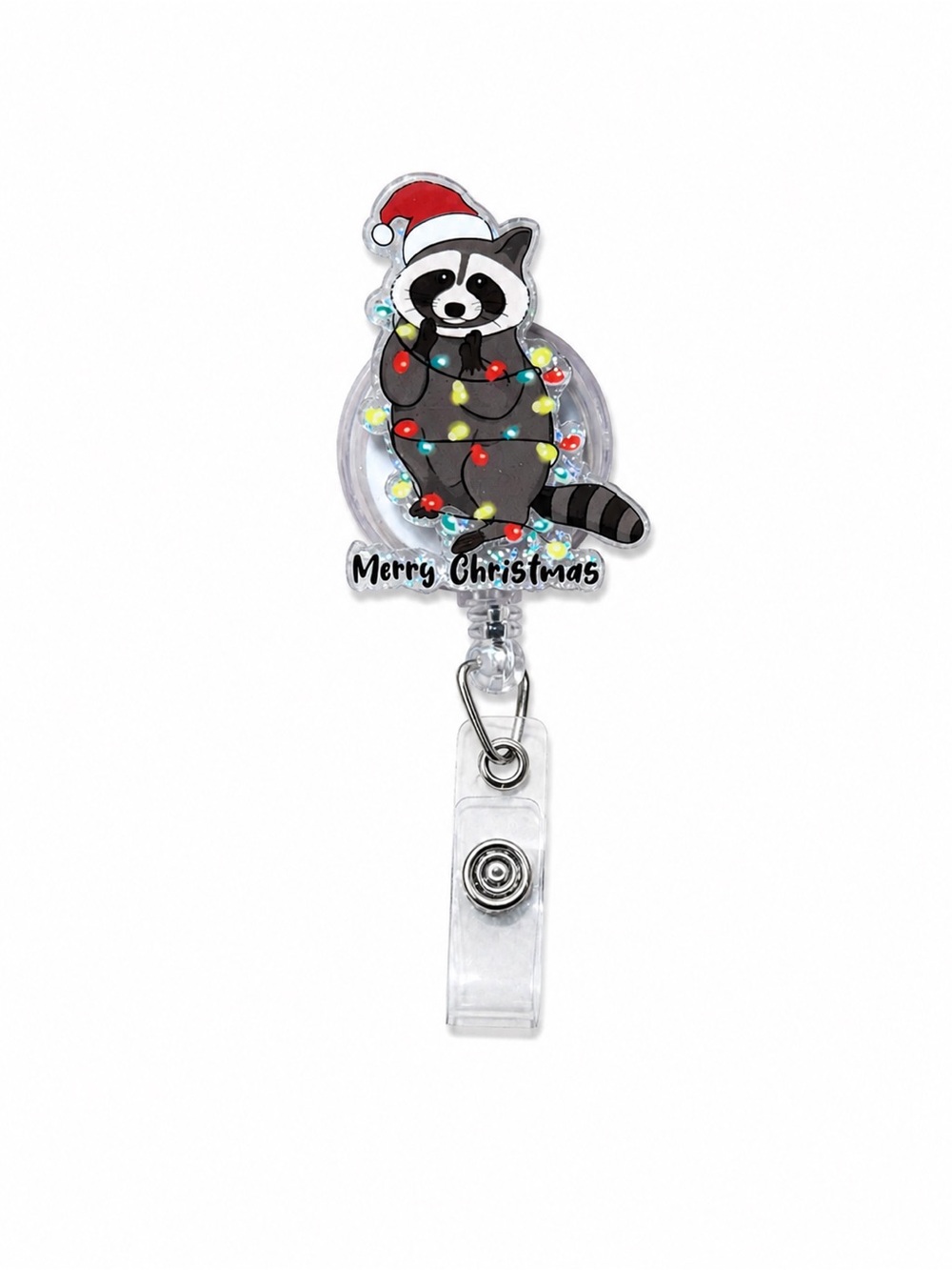 Cute Raccoon Badge Reel with Christmas Lights